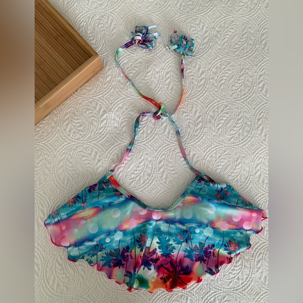 OP Halter Bikini Top Juniors Size M (7-9) Ruffled Removable Pads Tassel Tie - Picture 2 of 14